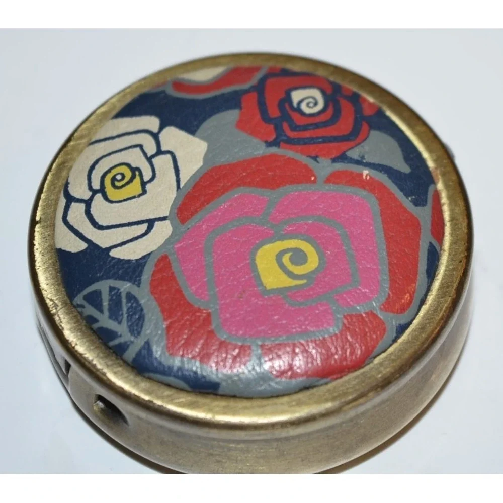 Fossil Decorative Pill Box Trinket‎ Case Metal Leather top floral Estate find